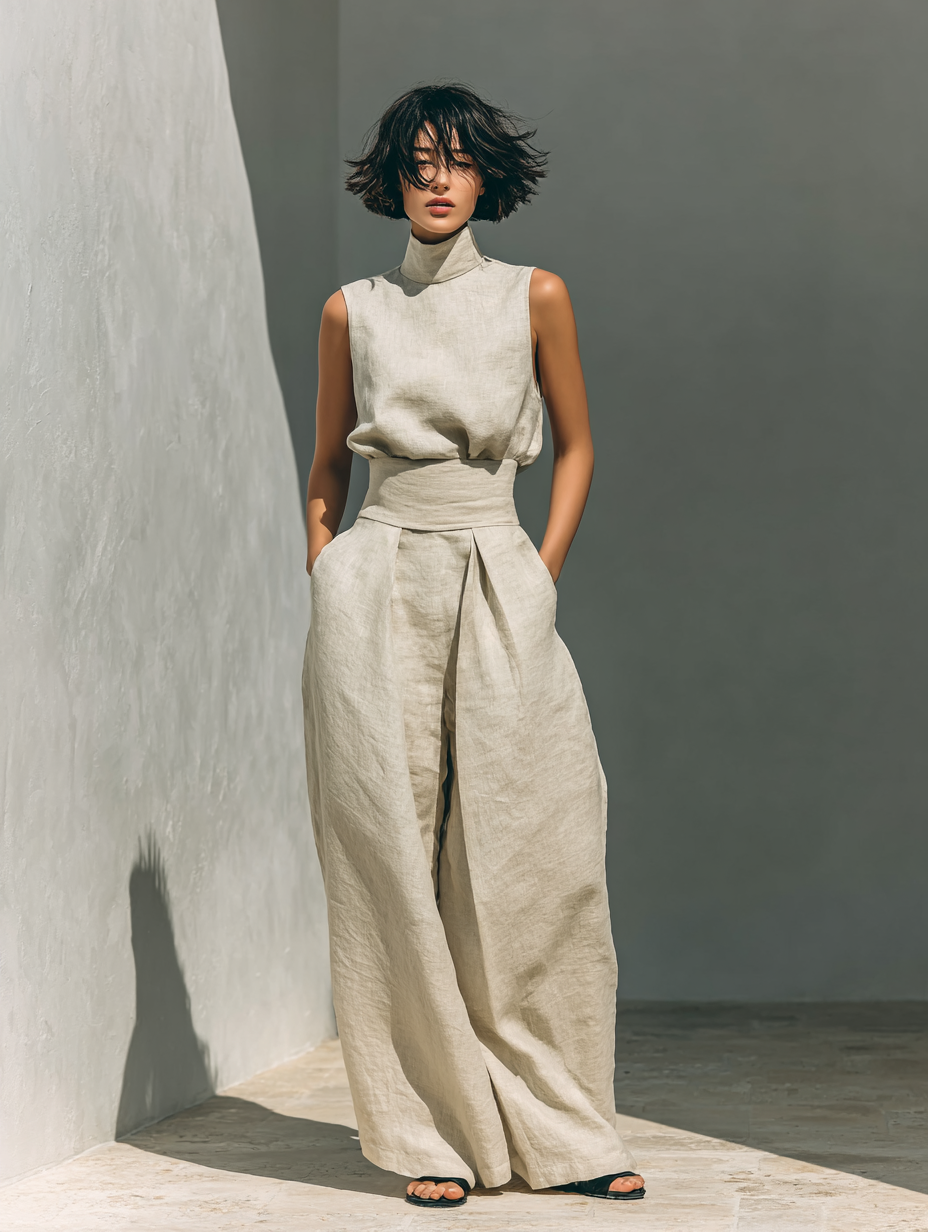 Women's Wide Pants and Sleeveless Top Set Made of Cotton and Linen MDZ0873A5Y