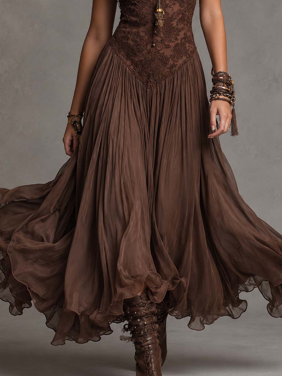 Maxi chiffon dresses with lace panels in dark brown