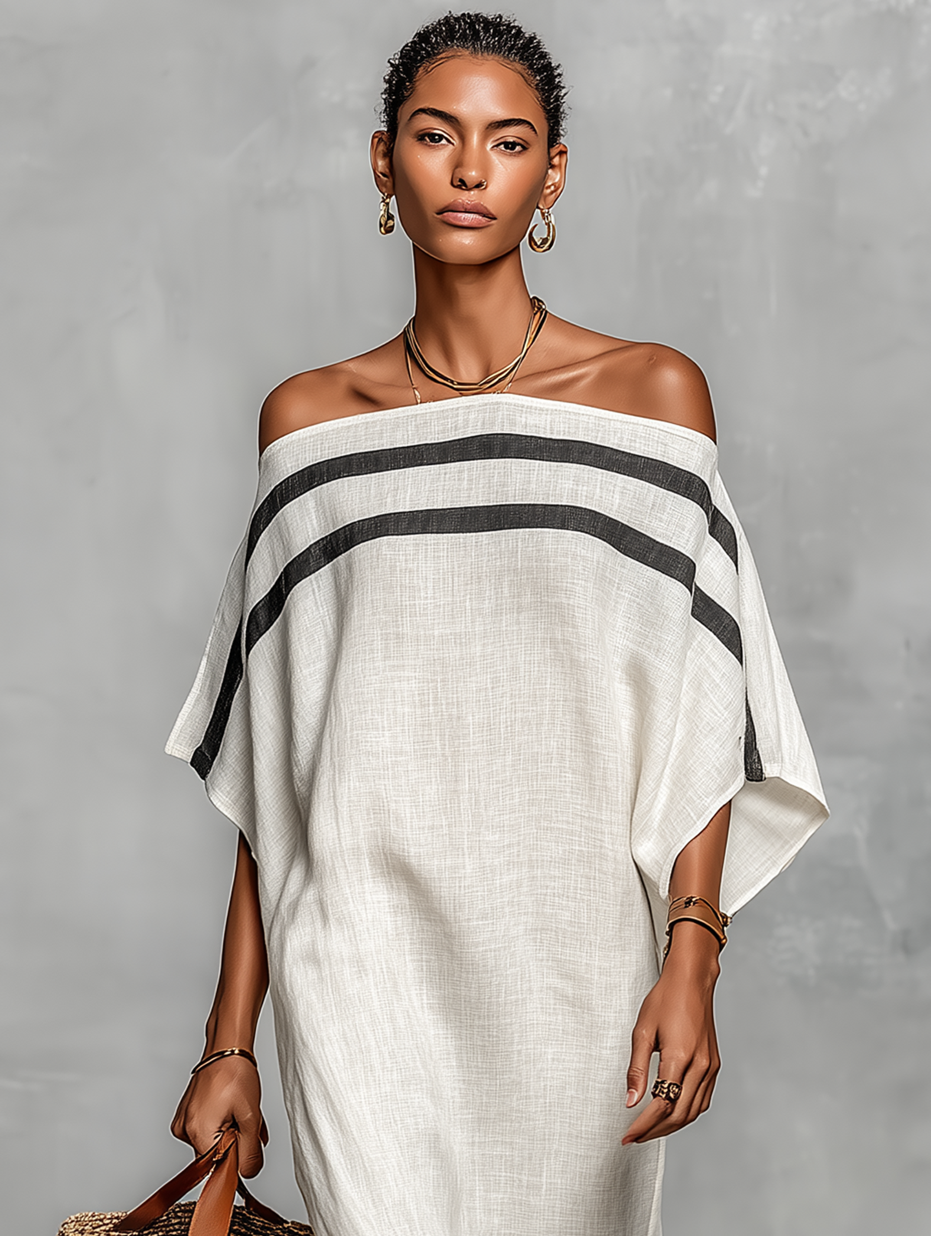 Maxi Dresses for Women in Minimalist Style Made from Linen Blend with Batwing Sleeves and Off-Shoulder MDZ0949A8Y