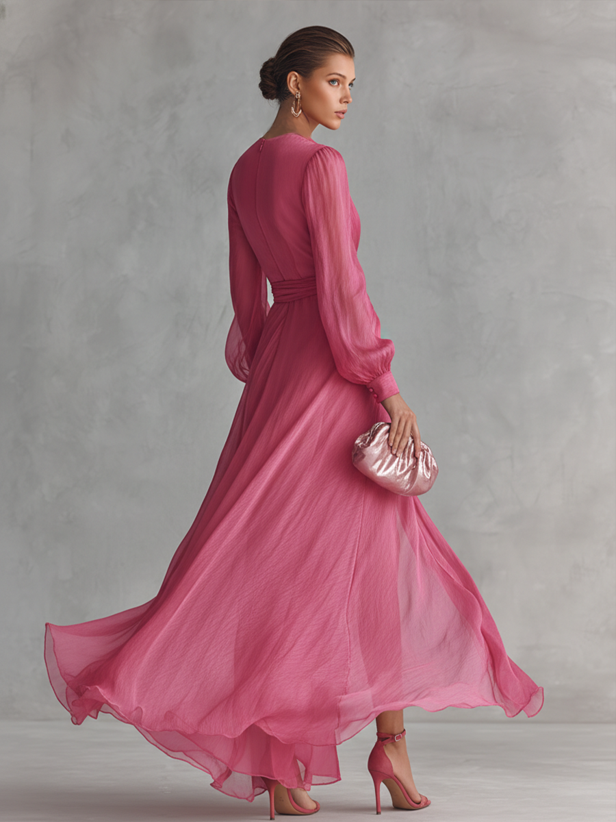 Long Dresses with V-Neck and Waist Strap - Elegant Pearl Pink for Women MDZ1925A7BA