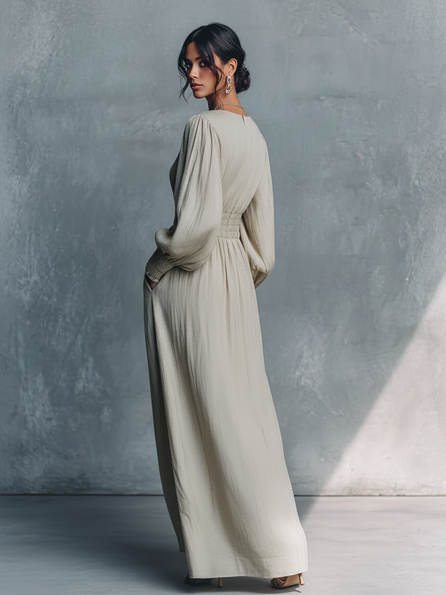 Women's Maxi Dress in Beige Made of Cotton and Linen with Stripes and V-Neck MDZ0361C4BA