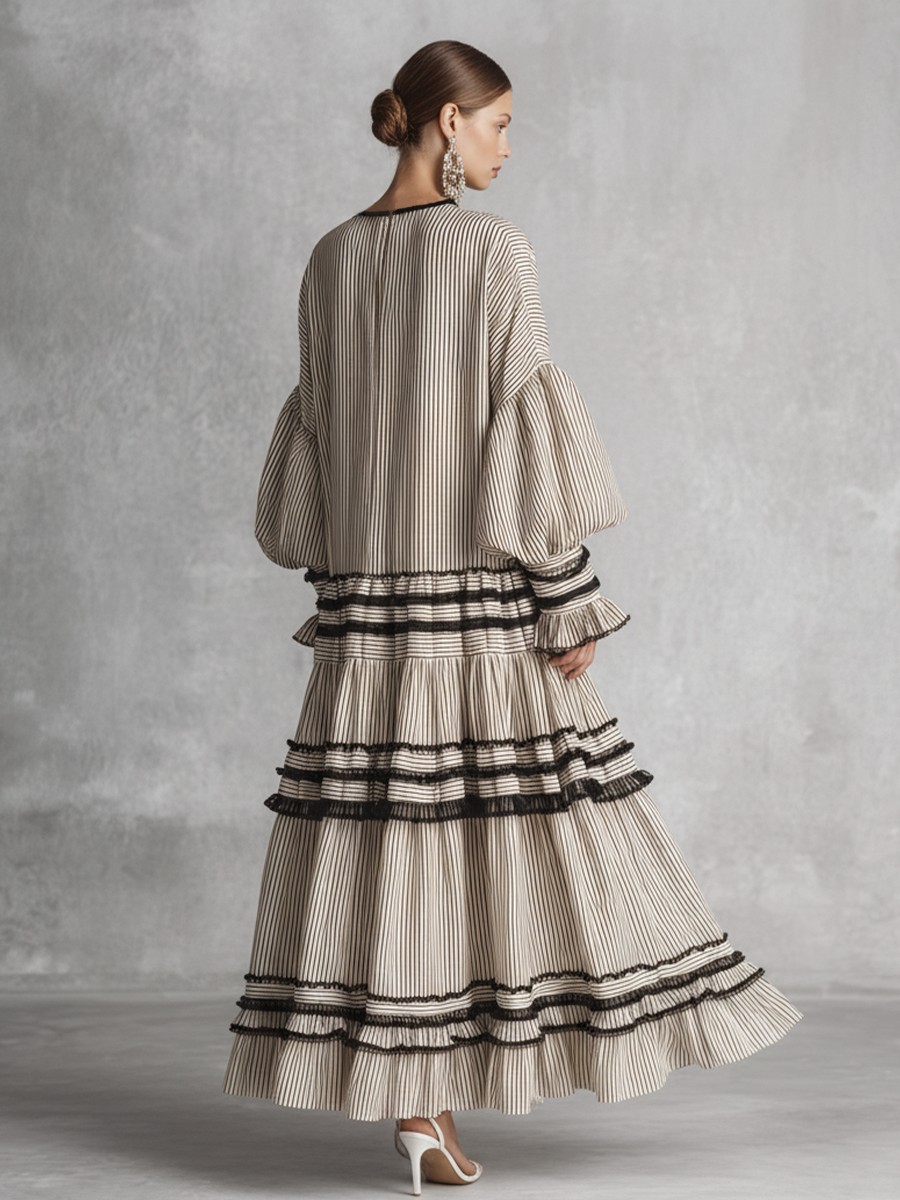 Maxi Dresses for Women with Ruffles and Stripes in Brown and White MDZ1426B2BA