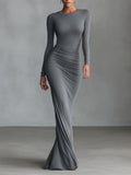 Elegant Gray Maxi Dresses for Women in Fitted Size - Polyester-Cotton Blend with Open Back MDA2860H8I