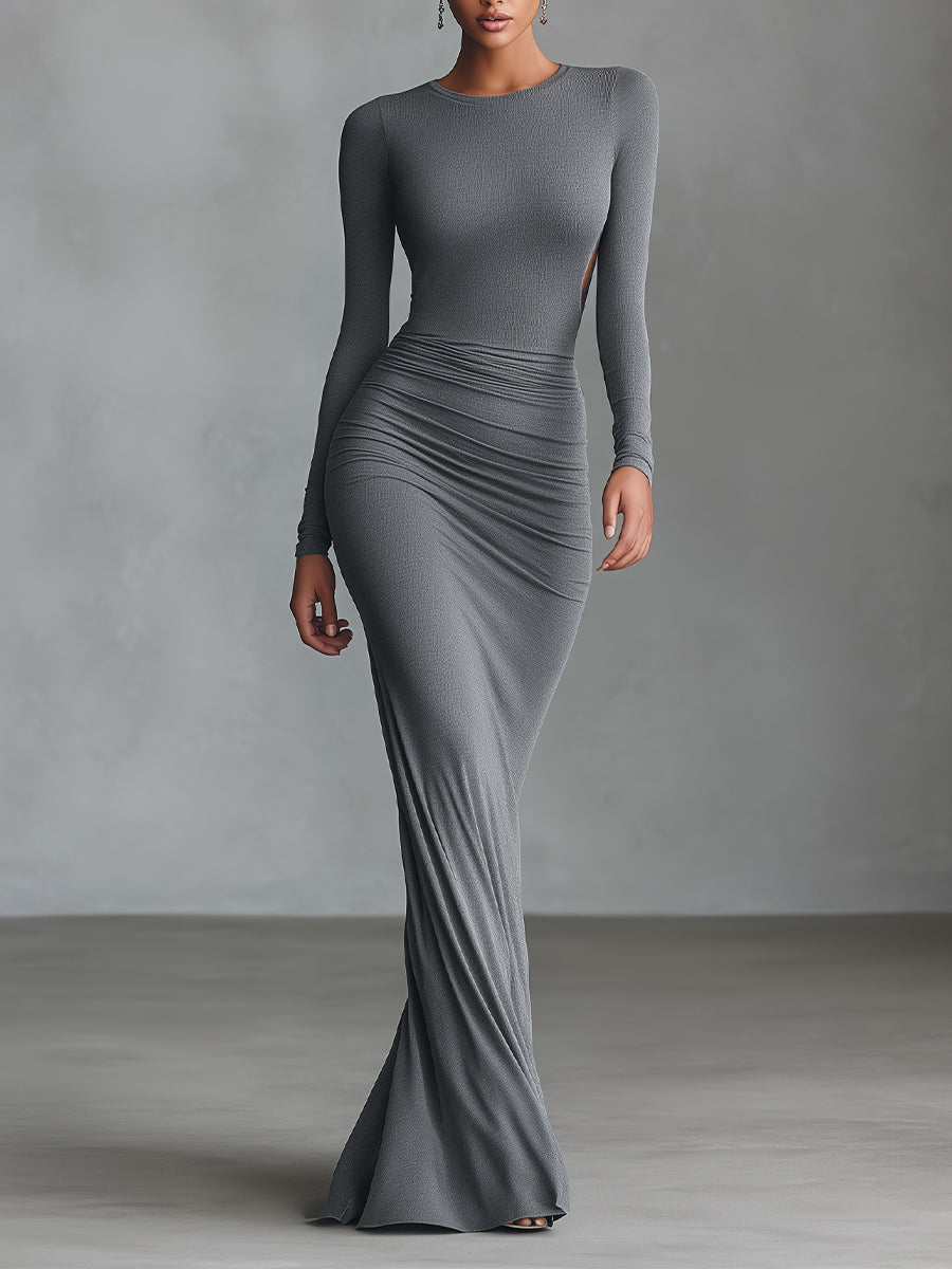 Elegant Gray Maxi Dresses for Women in Fitted Size - Polyester-Cotton Blend with Open Back MDA2860H8I