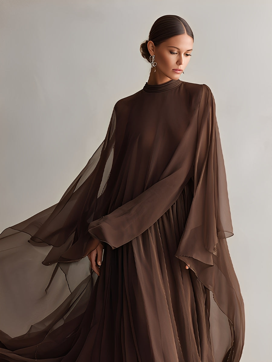 Rich Brown Chiffon Dresses for Women with a Flowing Maxi Silhouette and Scarf-like Design, Modern Elegant-Glitzy Style MDA1967L4I