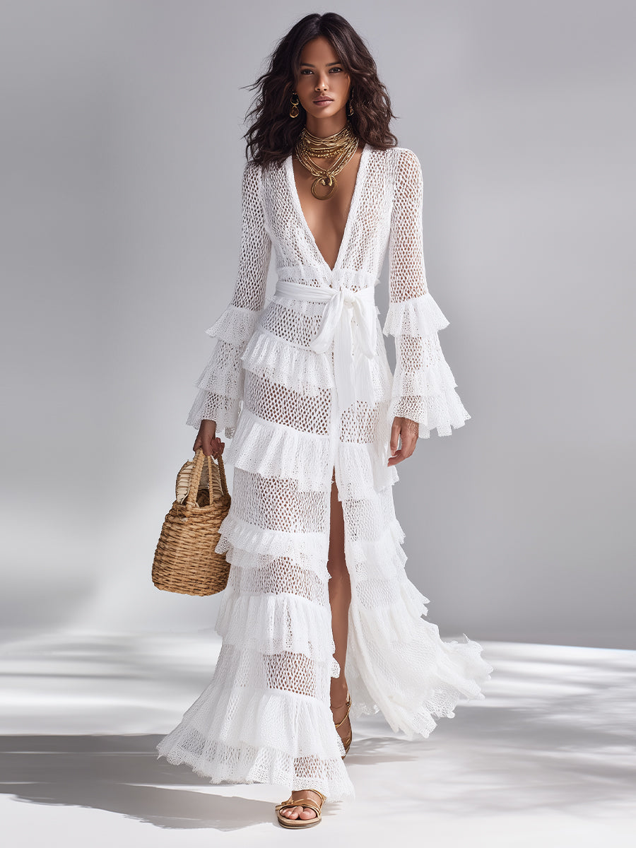 Knitted Cardigan in Crispy White for Women with Deep V Neck and Layered Ruffles, Timeless Bohemian-Glam Style MDA2372L3I