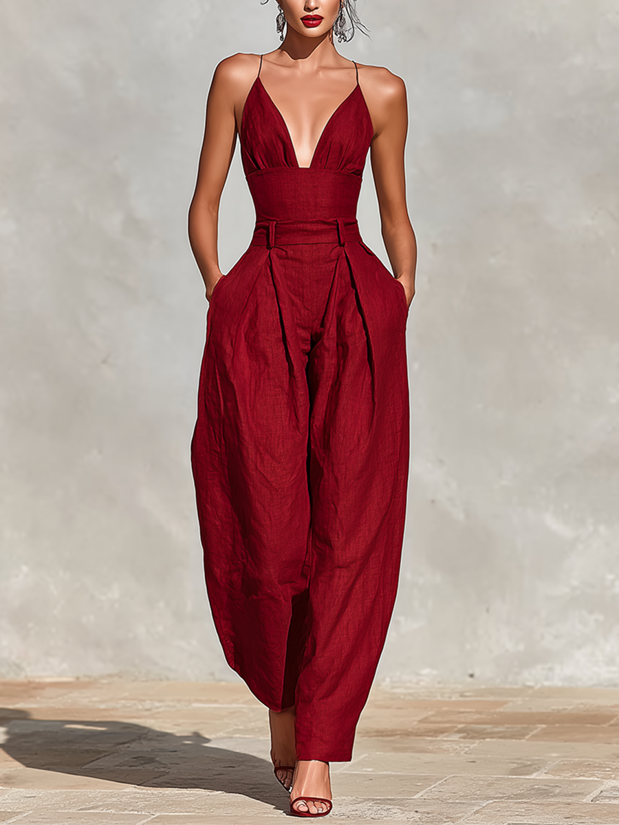 Red Linen Jumpsuit for Women with Spaghetti Straps and High-Waisted Shorts, Timeless Romantic-Elegant Style MDZ1915C8I