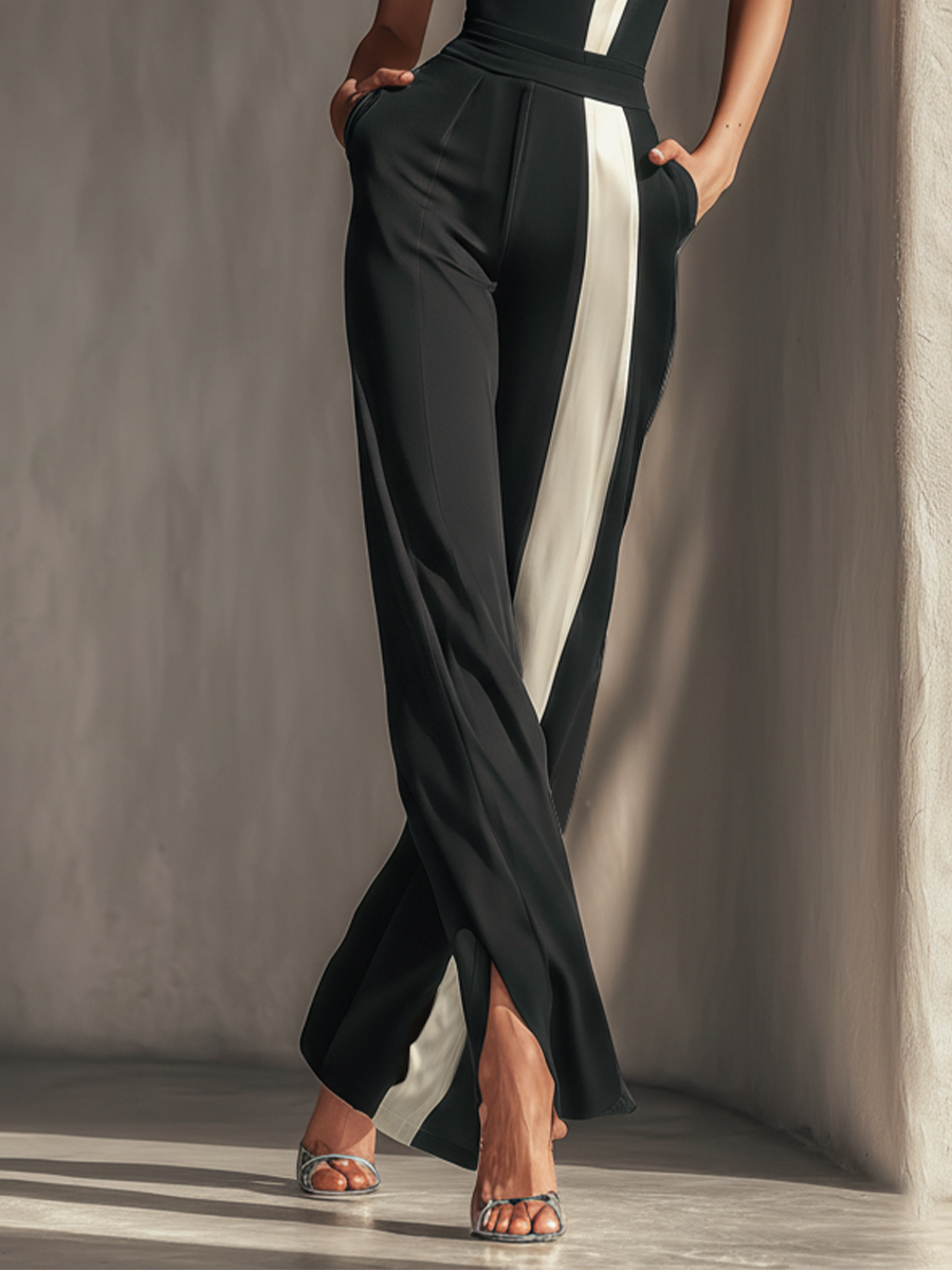 Strapless Women's Jumpsuit in Black with Contrasting White Vertical Stripes and Side Pockets MDZ0336C7T