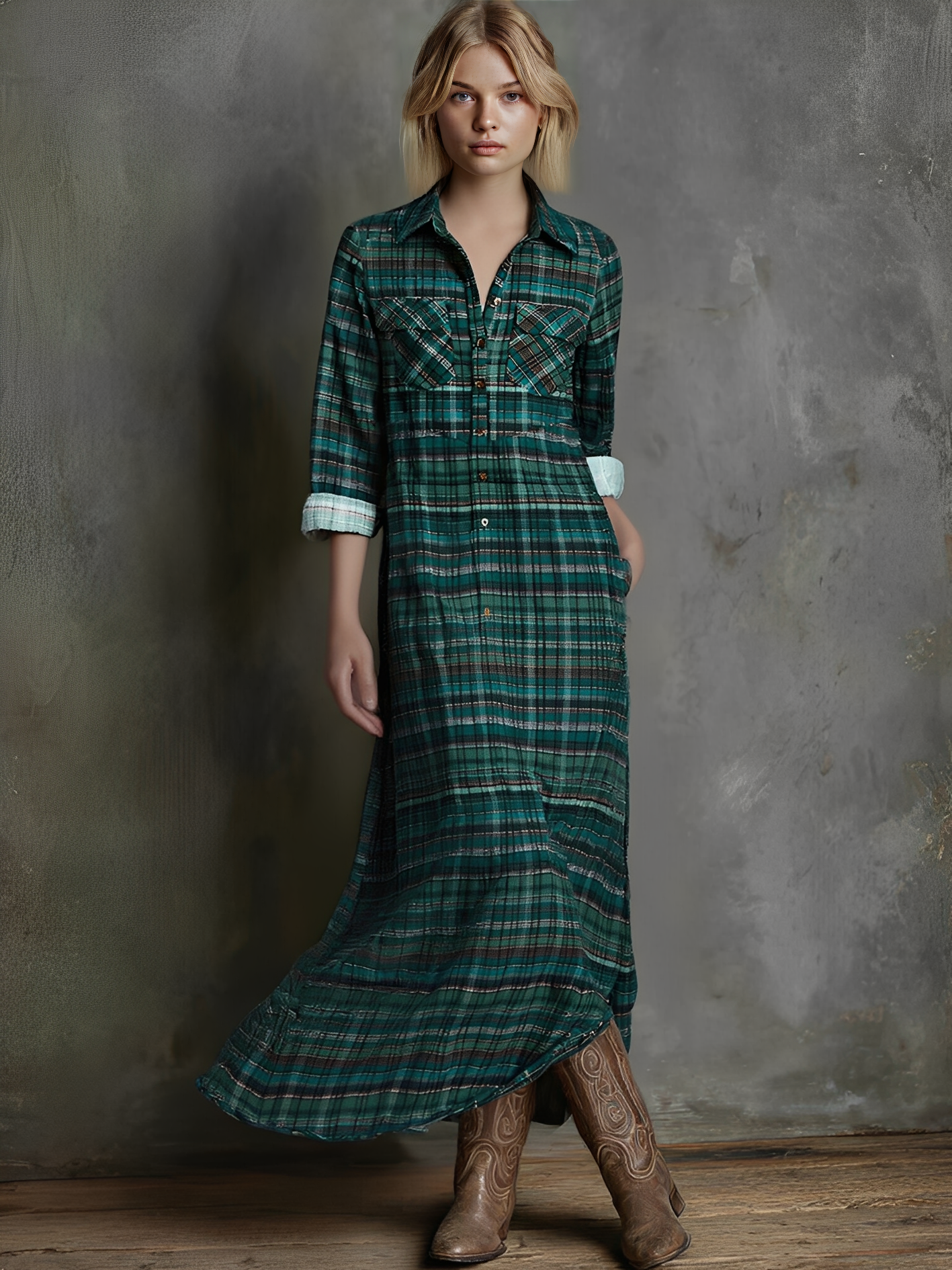 Maxi Dress with Plaid Print for Women with Long Sleeves MDA0514L8Y