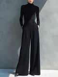 Classic Black Jersey Jumpsuit for Women with High Collar and Wide Legs - MDA2133J5I