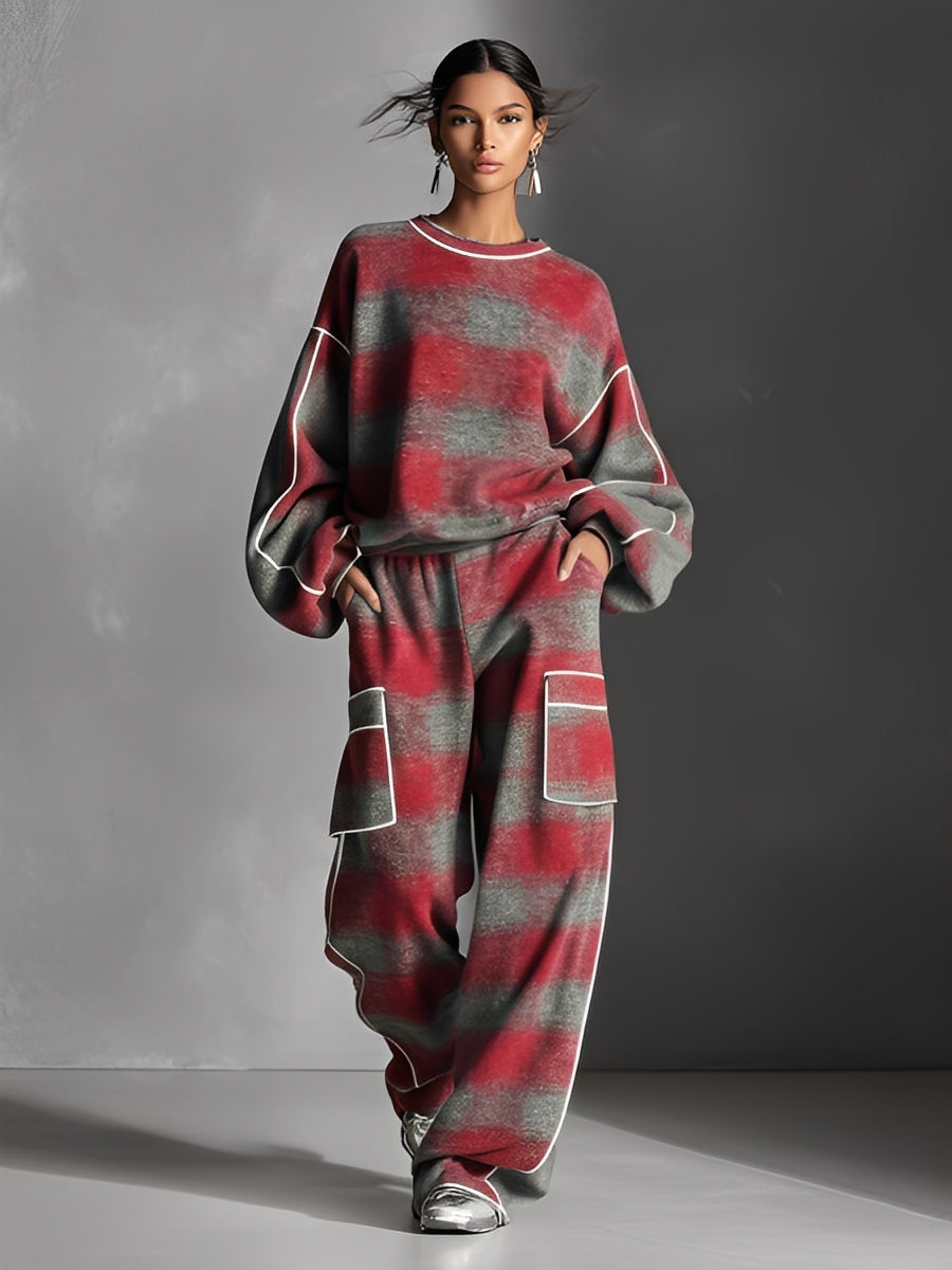 Women's Street Style Pants Set with Colorful Piping in Red and Gray with Linen MDA1065K4I