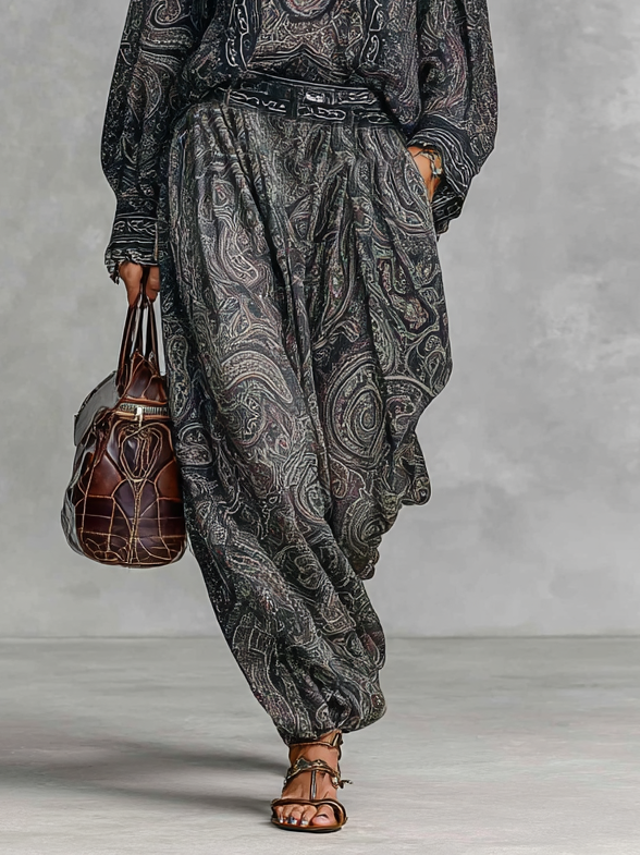 Shirt and Pants Set with Stand Collar, Long Sleeves, and Vintage Paisley Print for Women MDA2558G3Y