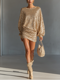 Short Mini Dress with Wide Sleeves in Gold with Sequins for Women MDA2901J3T