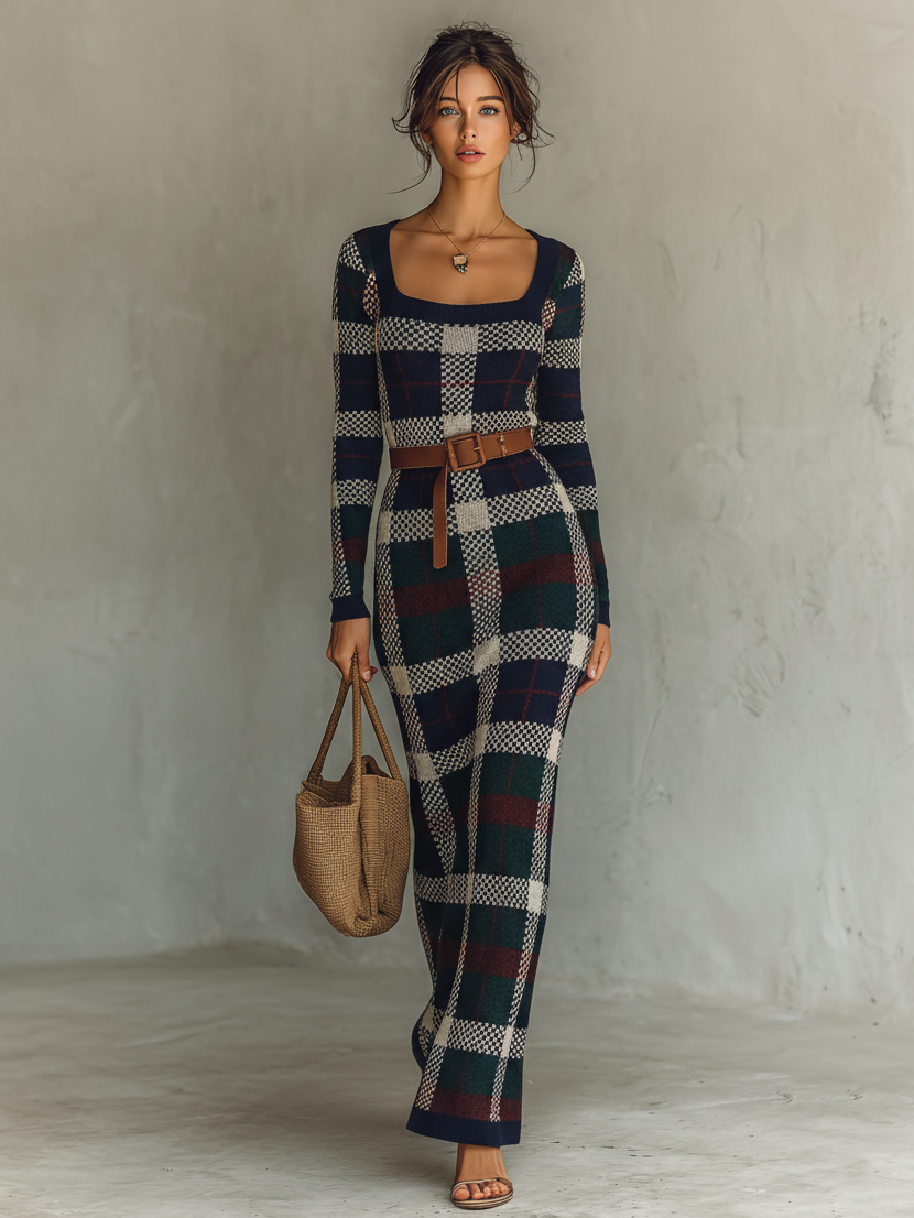 Maxi Dresses with Square Neckline, Loose Skirt, and Knitted Fabric for Women MDA2984J0Y