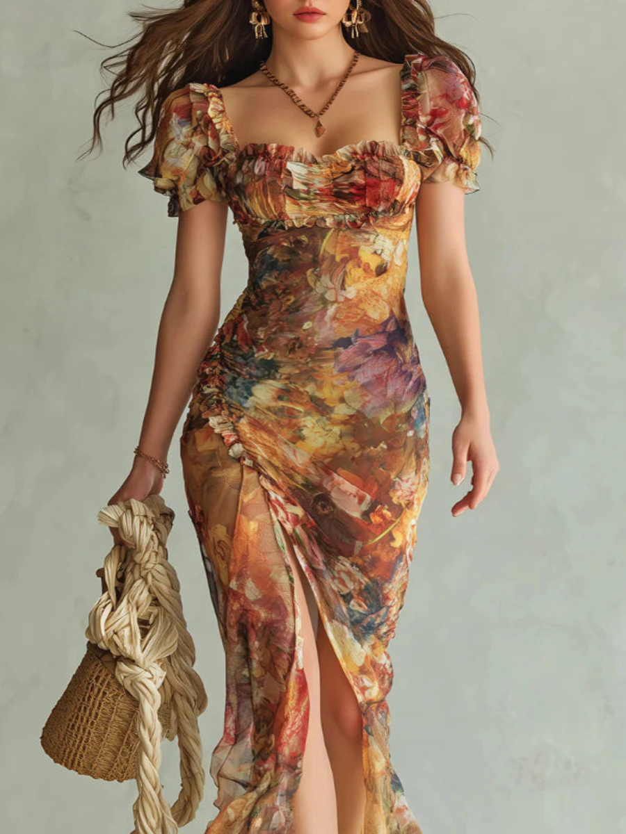 Elegant maxi dresses with a square neckline, short sleeves, and floral patterns
