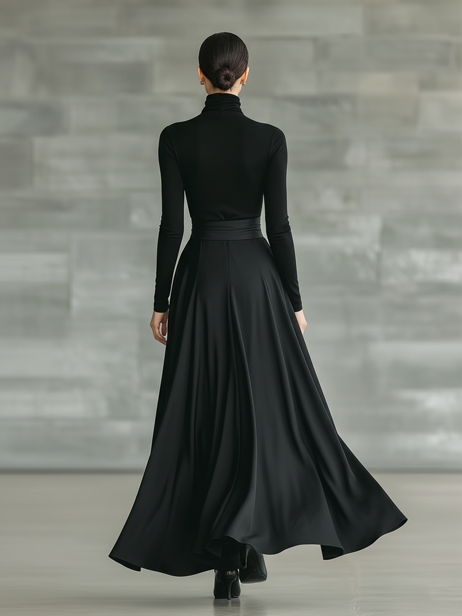 Black Maxi Dress for Women with High Collar, High Stretch, Knitted and Satin MDA2851J4T