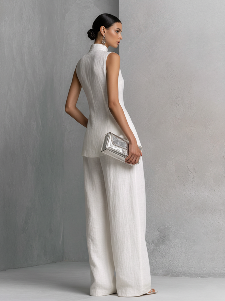 Elegant Sleeveless Top Set in White Cotton and Linen with Wide Pants MDZ0221B1BA
