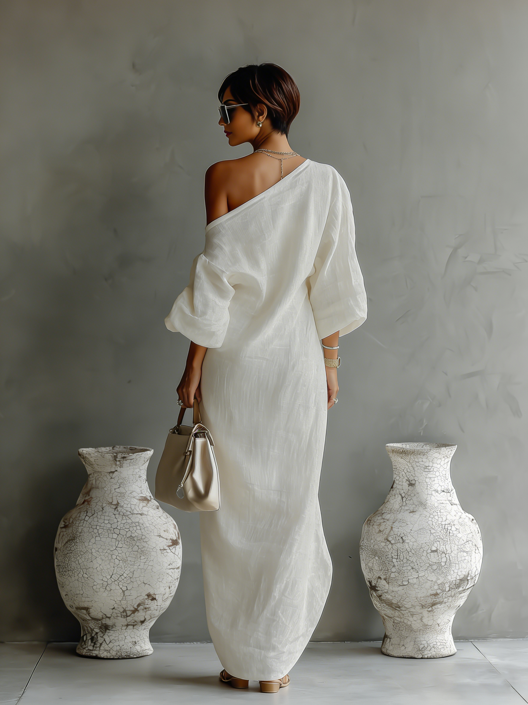 Women's Shimmering White One-Shoulder Cotton-Linen Blend Dresses