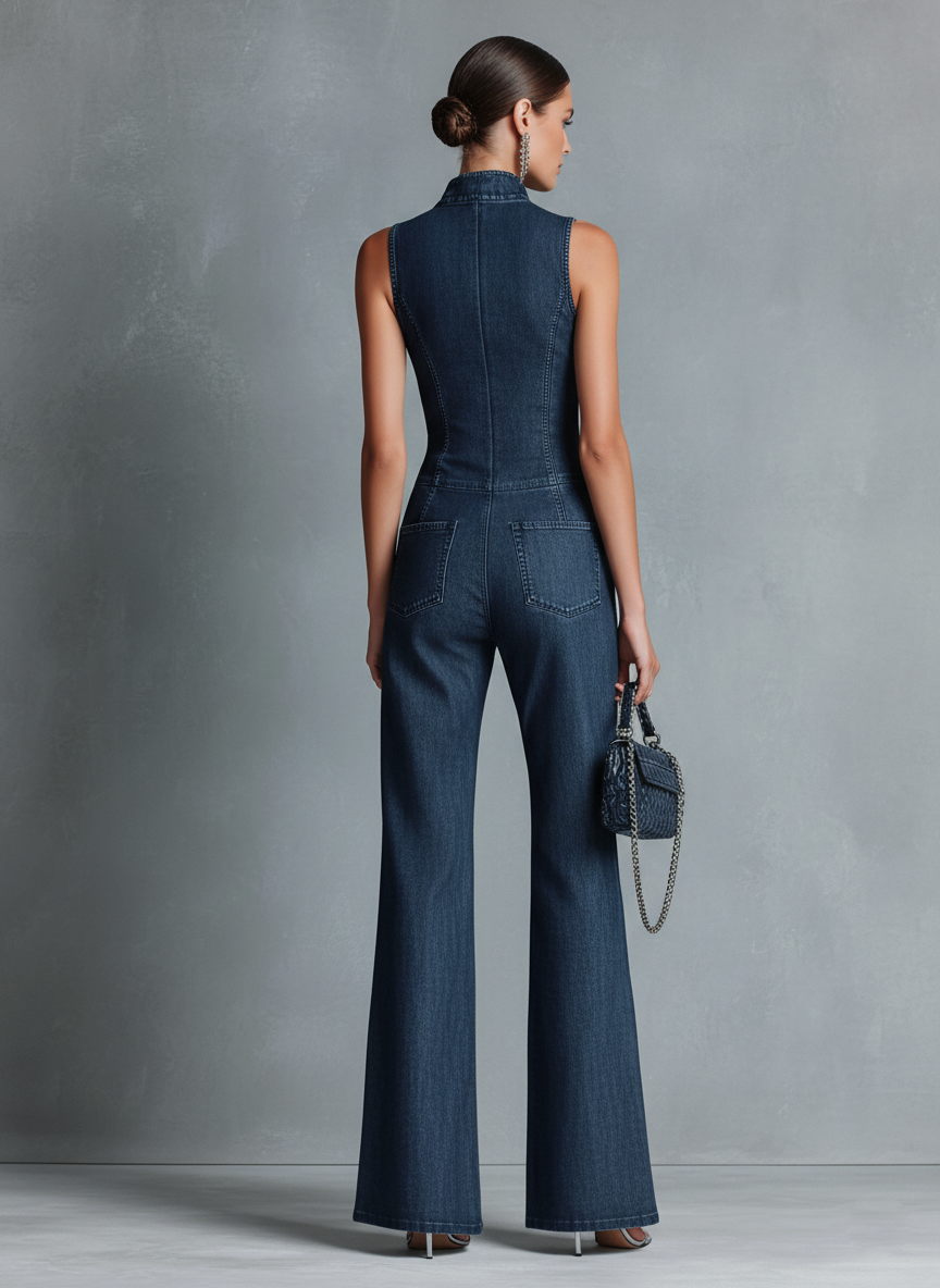 Dark denim dresses with a high collar, sleeveless, with a front zipper MDZ1239B2BA