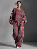 Women's Street Style Pants Set with Colorful Piping in Red and Gray with Linen MDA1065K4I