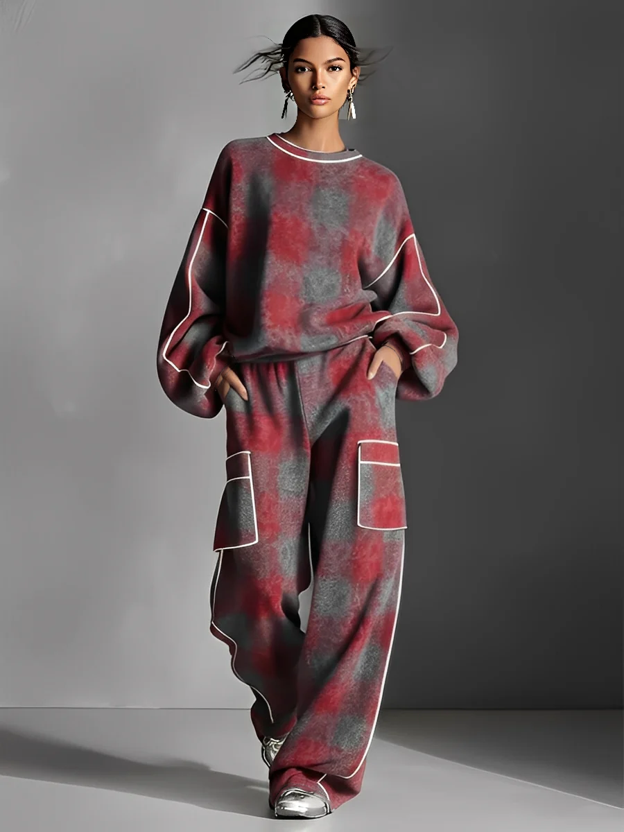 Women's Street Style Pants Set with Colorful Piping in Red and Gray with Linen MDA1065K4I
