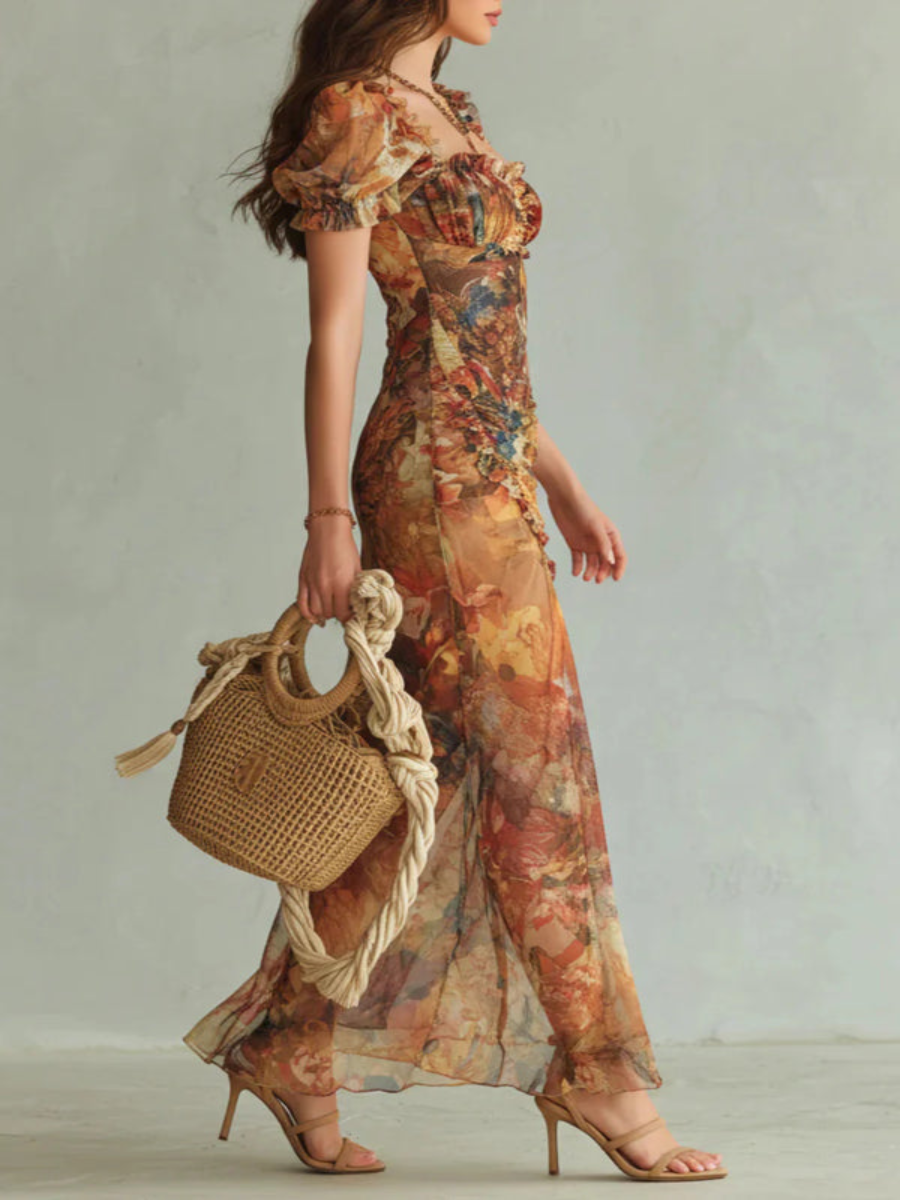 Elegant maxi dresses with a square neckline, short sleeves, and floral patterns