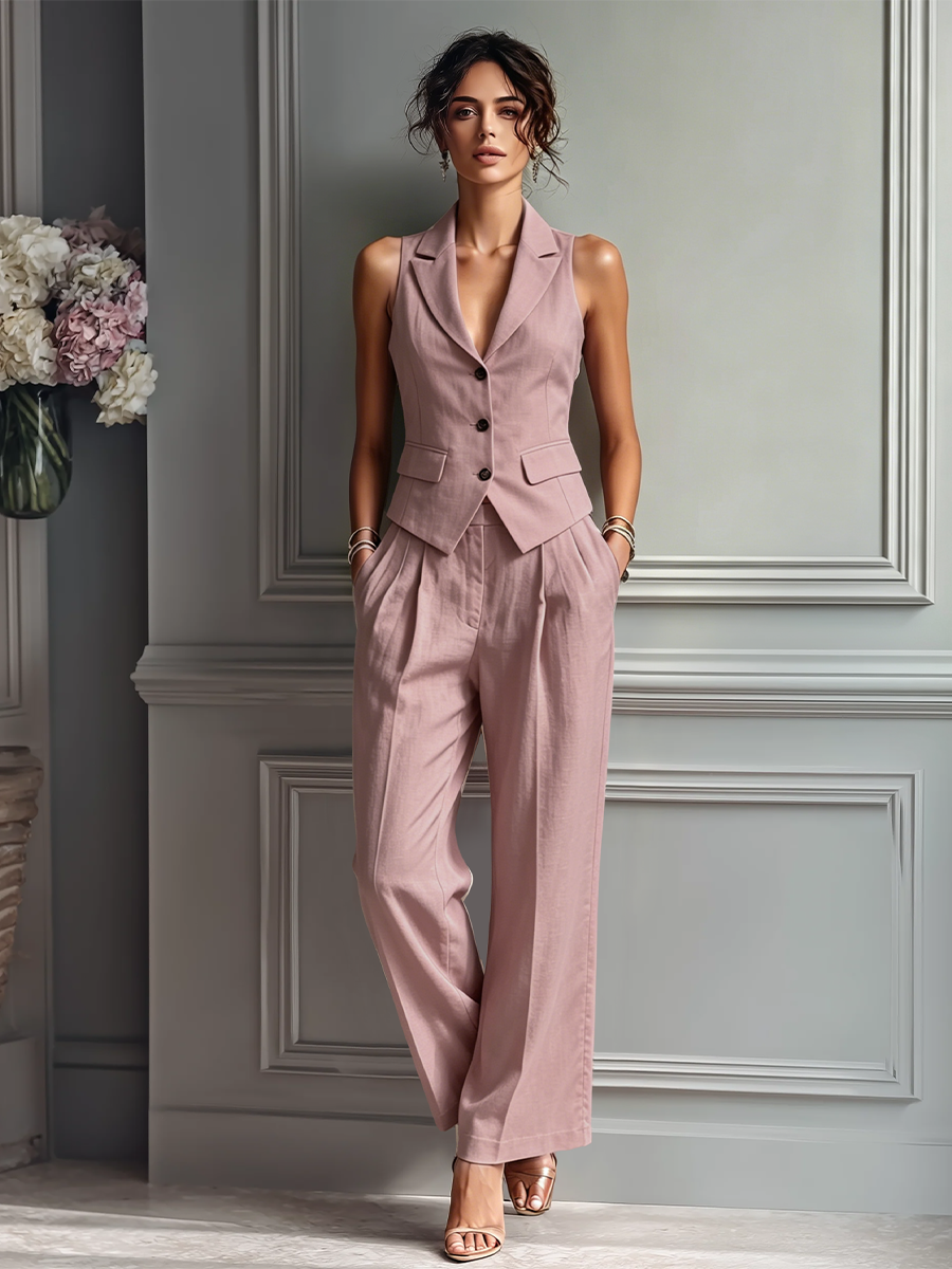 Sleeveless Blush Pink Linen Vest for Women and Wide Pants - Two-Piece Set with Shawl Collar MDZ3005A5T