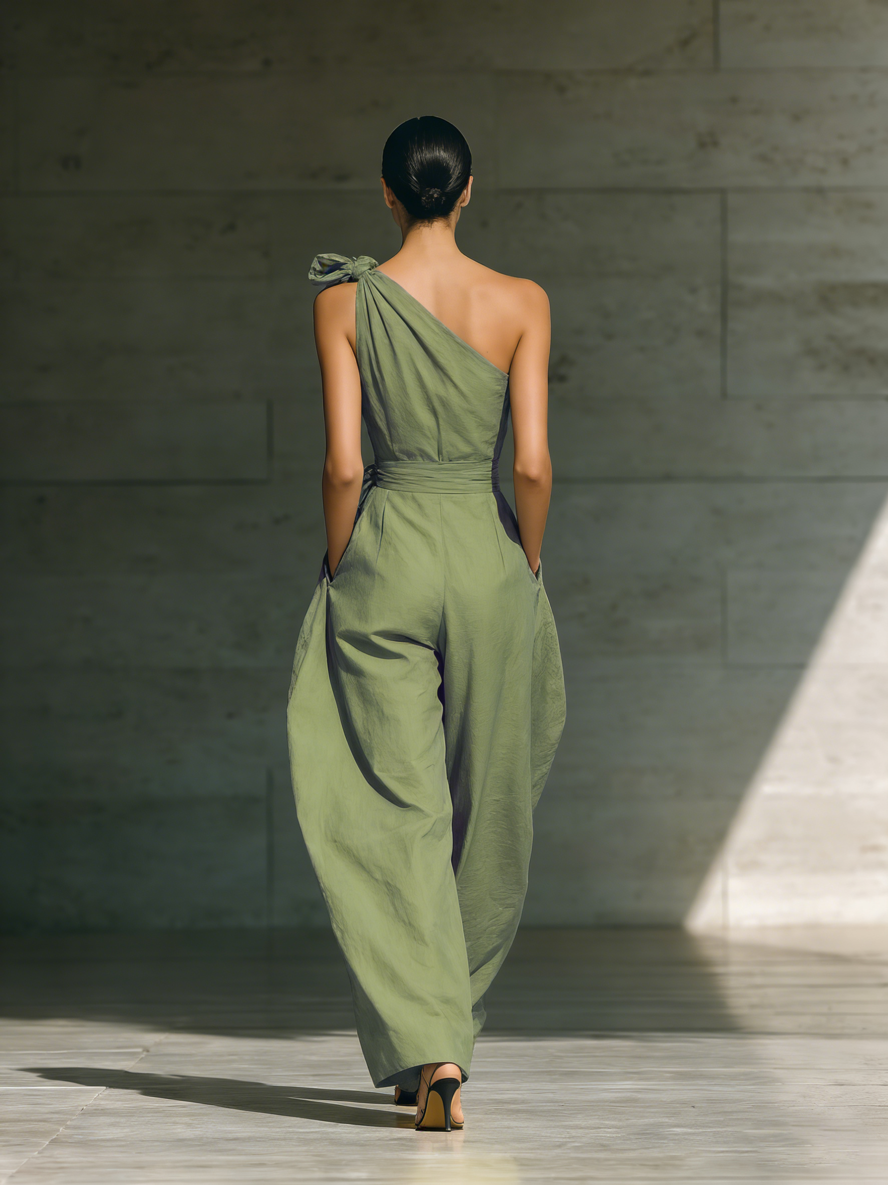 One-Strap Wide-Leg Jumpsuit in Light Green for Women with Tied Waist MDZ3136A8T