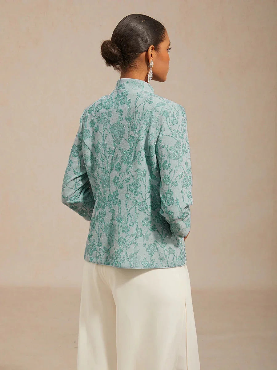 Twinst with Mandarin Collar and Zebra Pattern Adorned with Diamonds