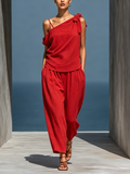 Red Women's Two-Piece Linen Blend Set: Asymmetrical Top with One Shoulder (No Neck Scarf) and Wide Pants with Pockets MDZ2201D4T