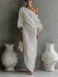 Women's Shimmering White One-Shoulder Cotton-Linen Blend Dresses