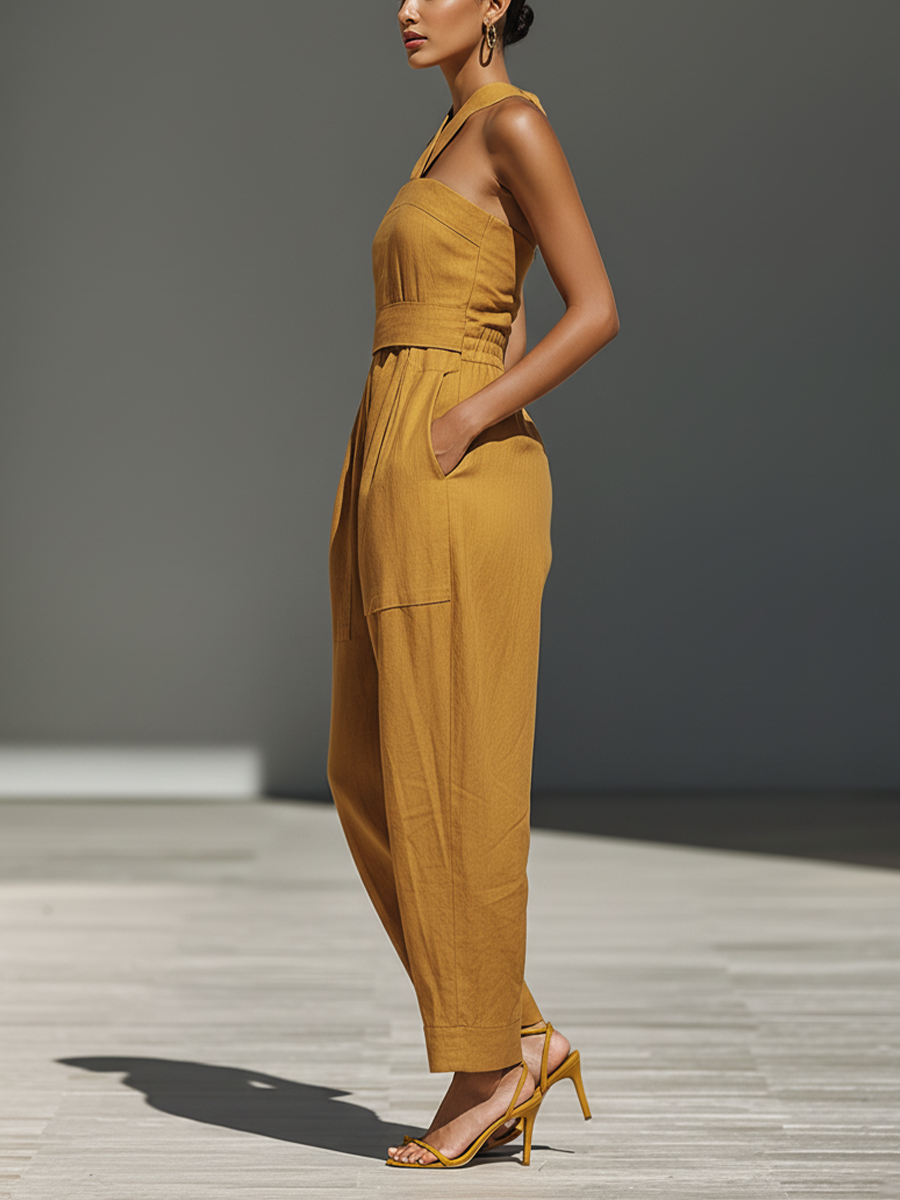 Women's Mustard Suit with Crossed Collar and Loose Pants MDZ2808B6T