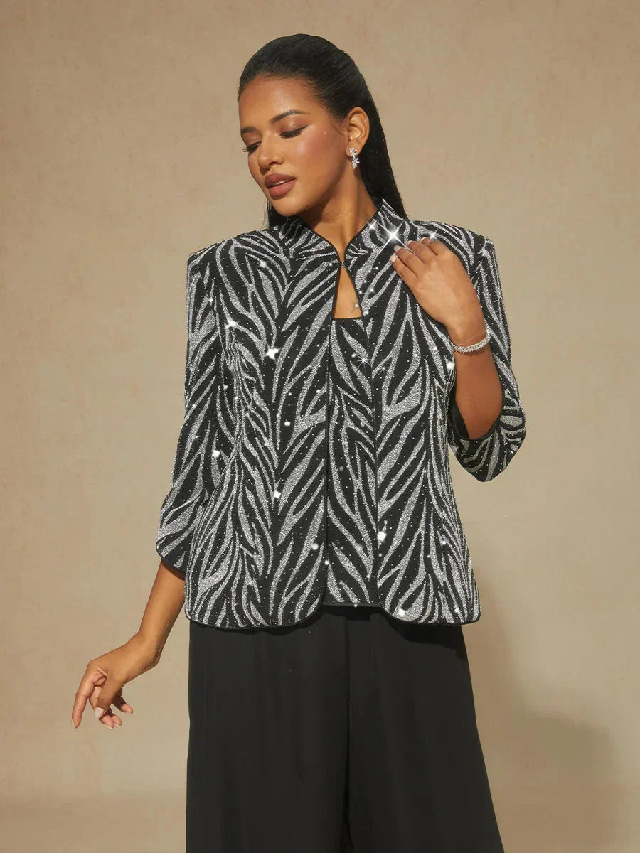 Twinst with Mandarin Collar and Zebra Pattern Adorned with Diamonds