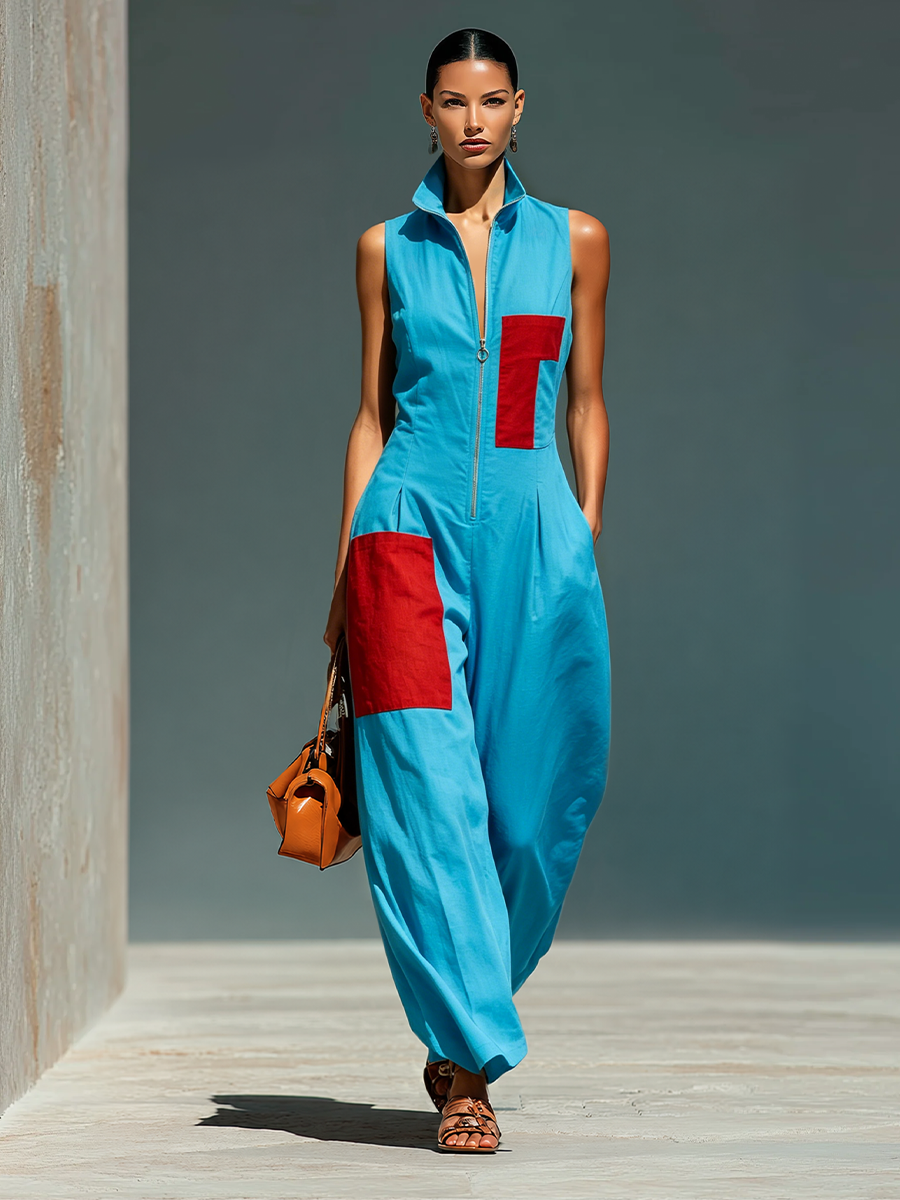 Women's Sleeveless Suit in Blue with Red Pockets and Half-Zip Cardigan MDZ0982E4T