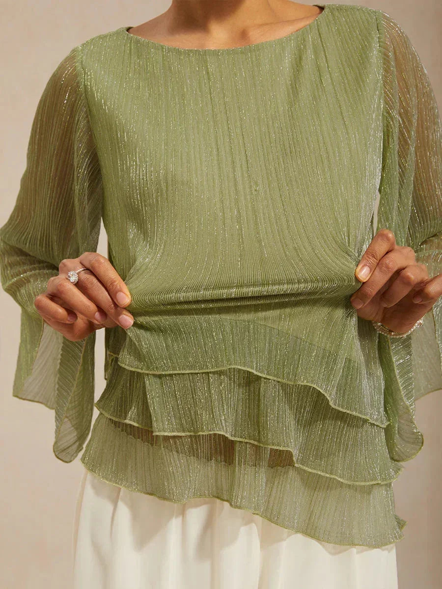 Asymmetrical Layered Shirt in Crinkled Metallic Chiffon