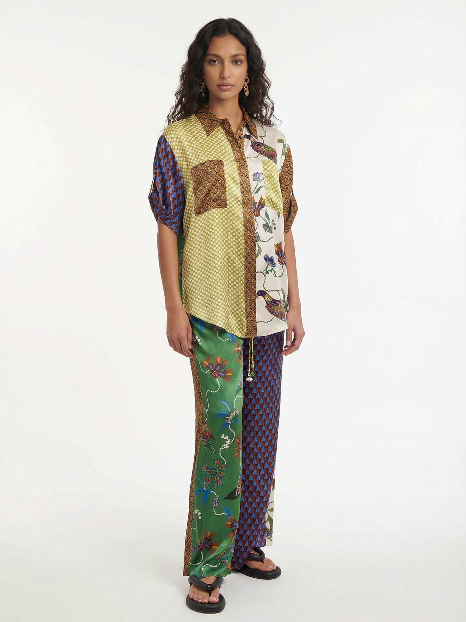 Button-Up Shirt with Contrast Bird Print