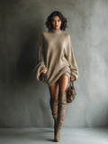 Vintage-Style Knit Mini Dress for Women in Caramel Brown