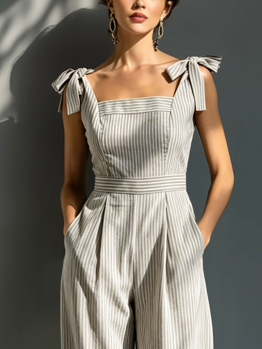Women's Beige and White Striped Linen Suit with Square Collar and Ties MDZ2733B8T