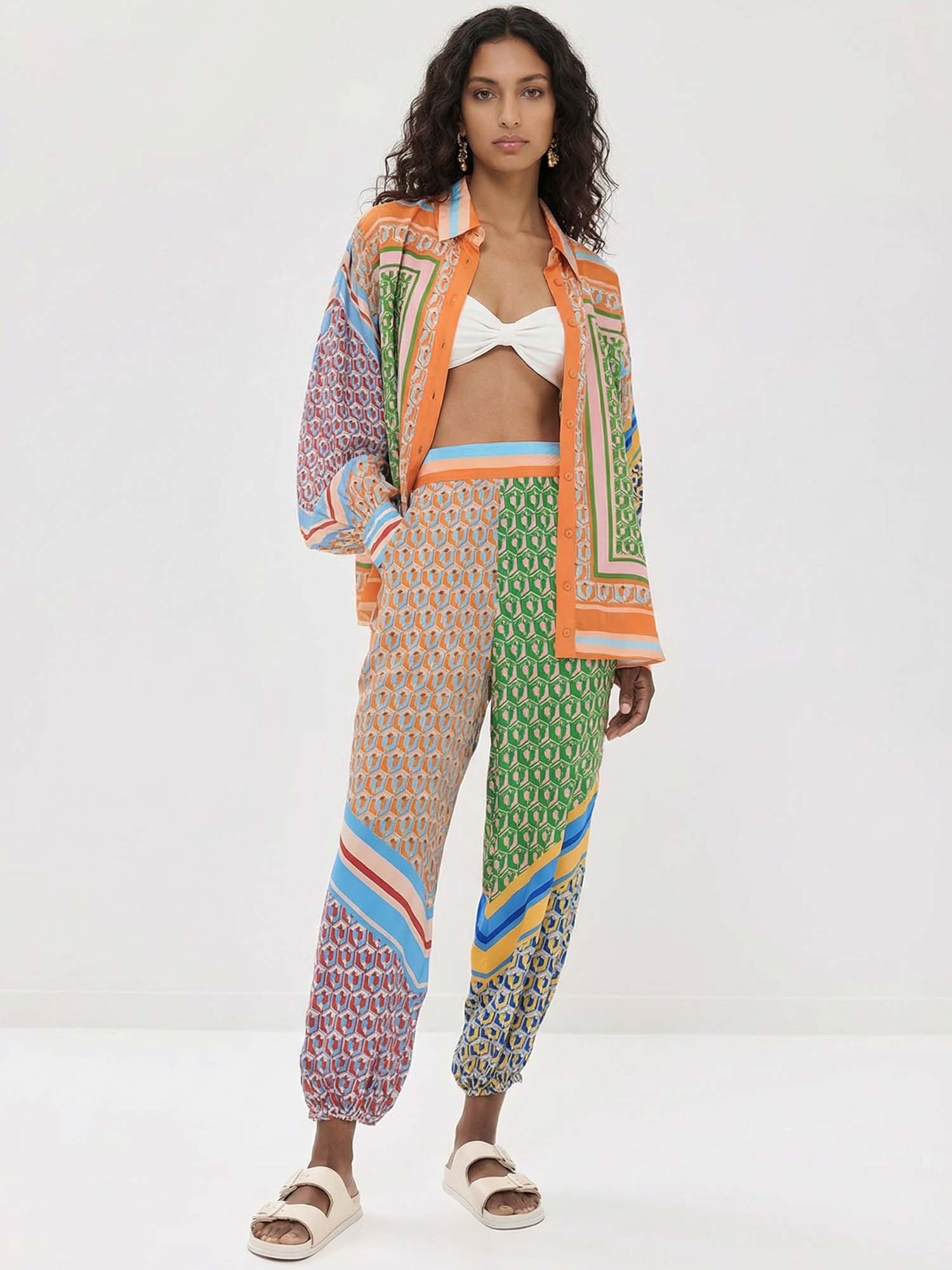 Large Printed Button-Up Shirt with Color Details
