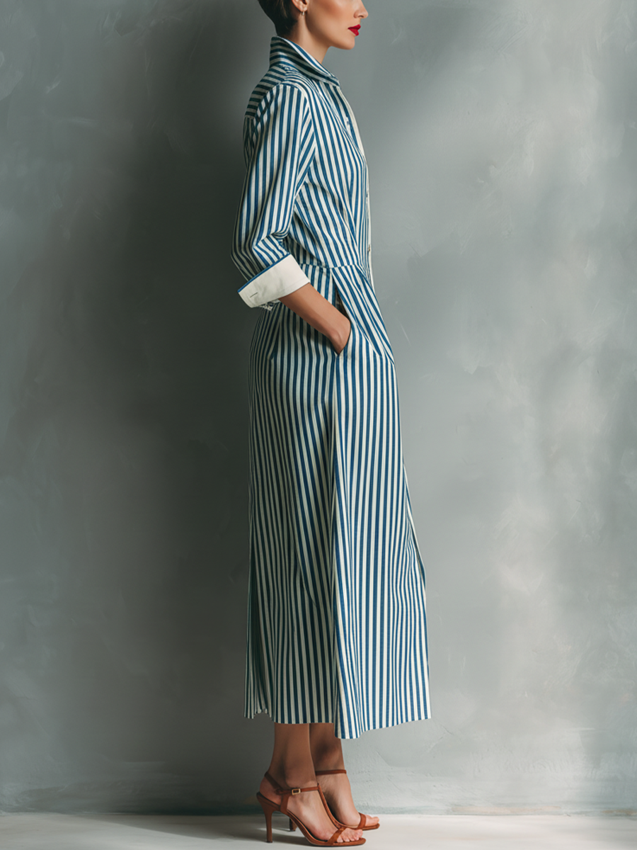 Shirt Dresses with Blue and White Stripes for Women with a Red Chest Pocket MDZ1286C2T
