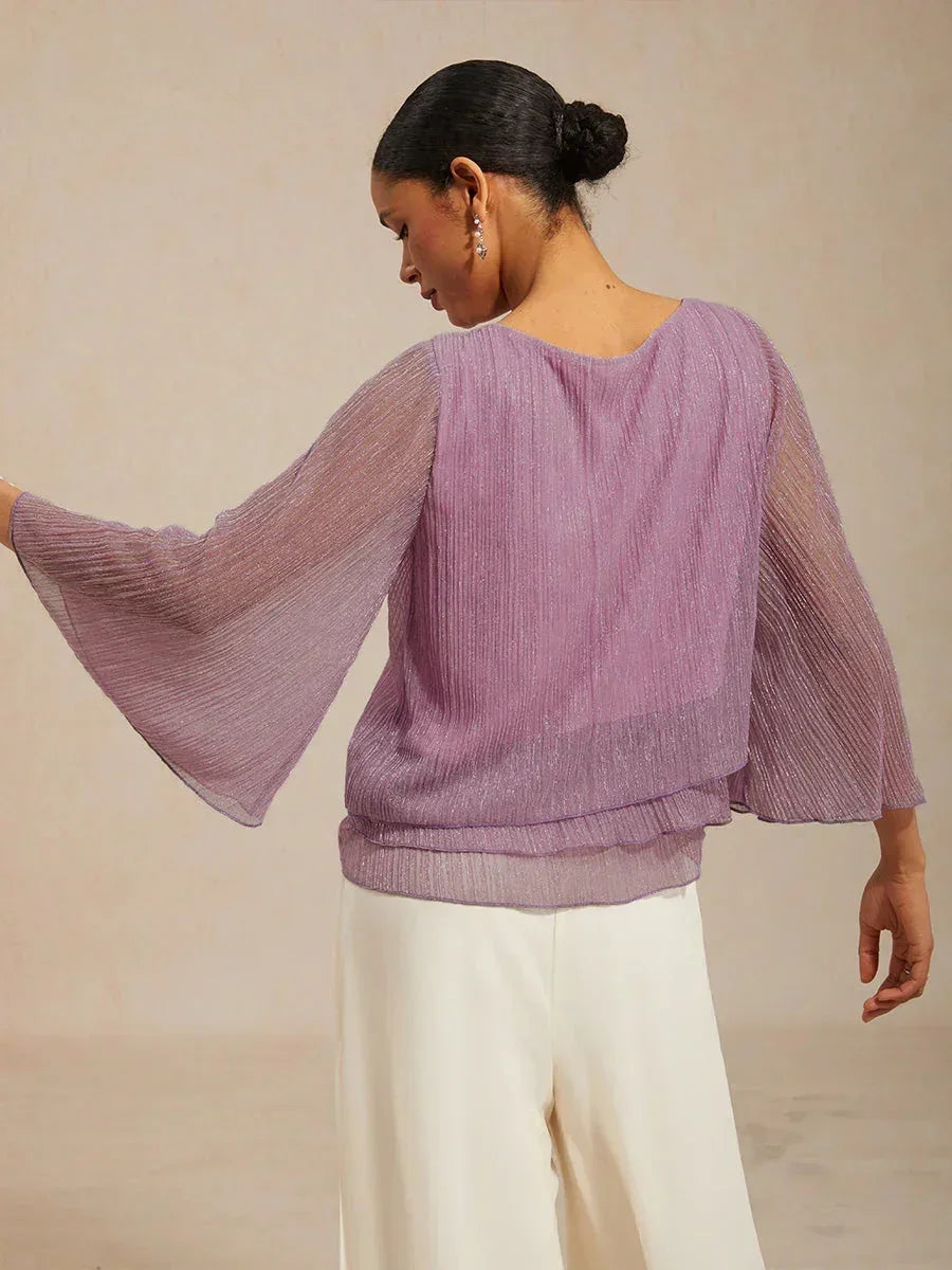 Asymmetrical Layered Shirt in Crinkled Metallic Chiffon