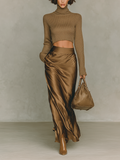 Stylish women's t-shirt in gold-brown with a high collar, long sleeves, combined with a satin midi skirt MDA0982L5AN