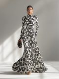 Maxi Dresses for Women with High Collar in Floral, Black and White MDA1295K1AP