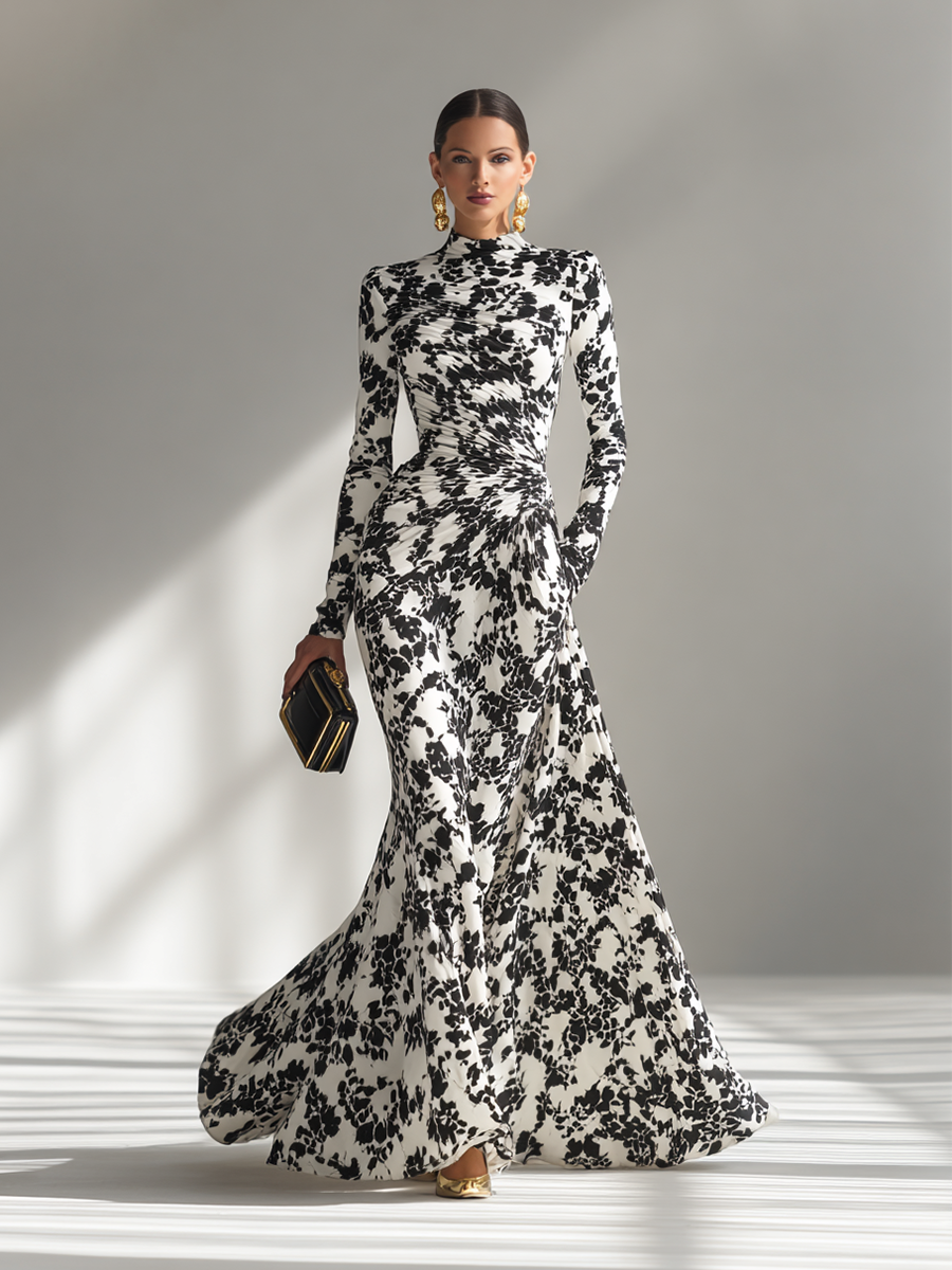 Maxi Dresses for Women with High Collar in Floral, Black and White MDA1295K1AP