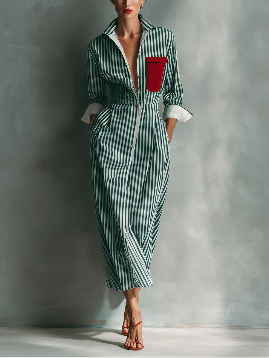 Shirt Dresses with Blue and White Stripes for Women with a Red Chest Pocket MDZ1286C2T