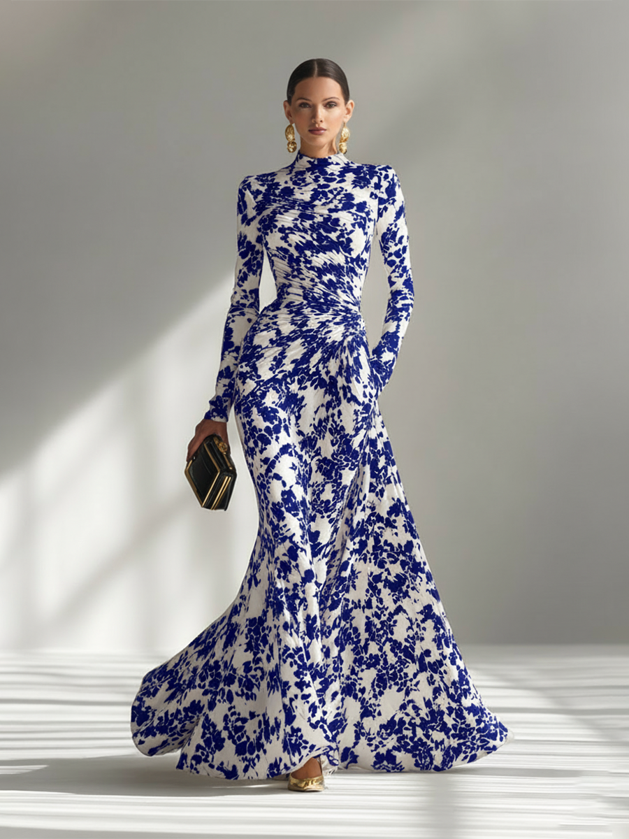 Maxi Dresses for Women with High Collar in Floral, Black and White MDA1295K1AP