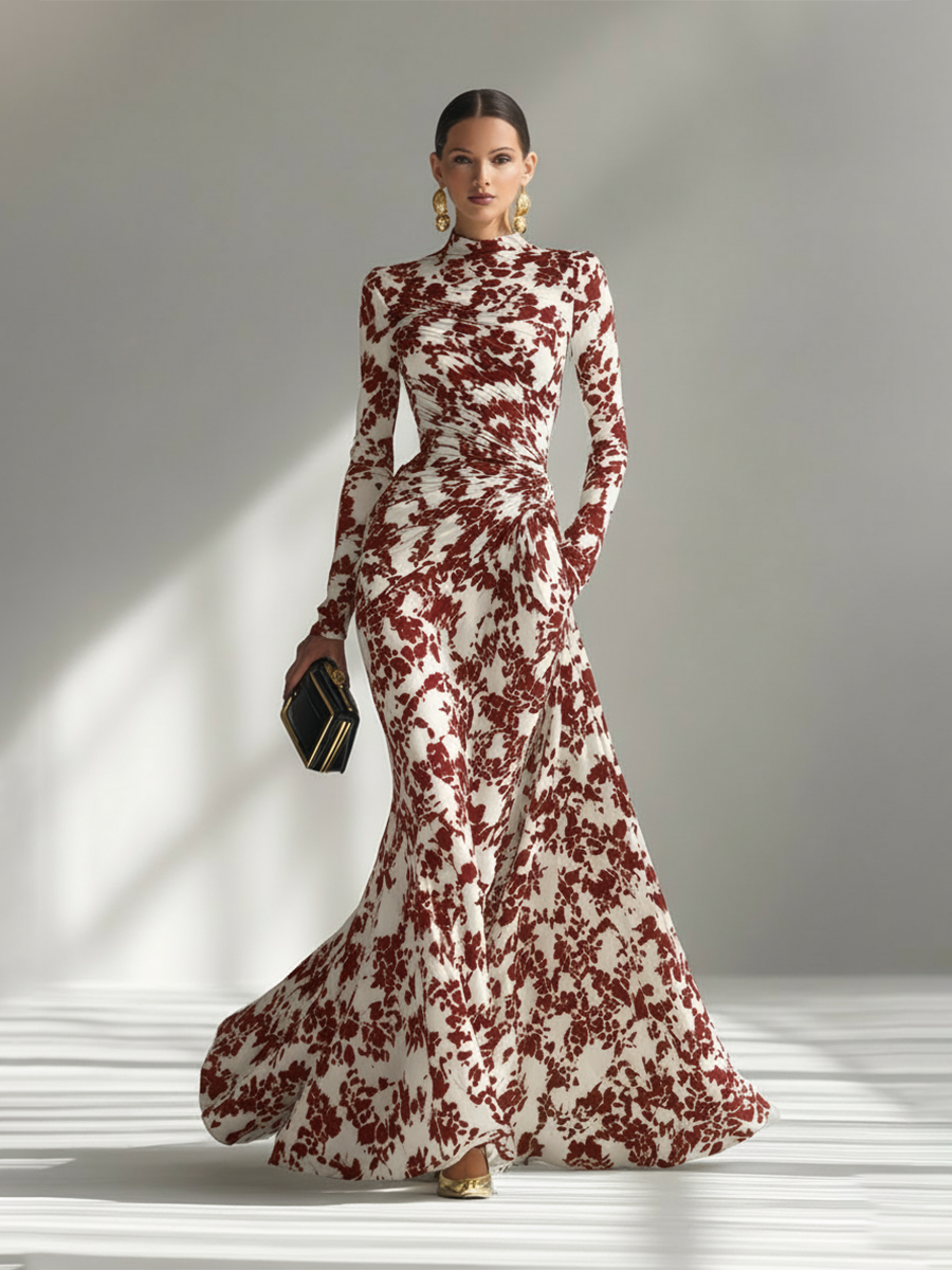 Maxi Dresses for Women with High Collar in Floral, Black and White MDA1295K1AP
