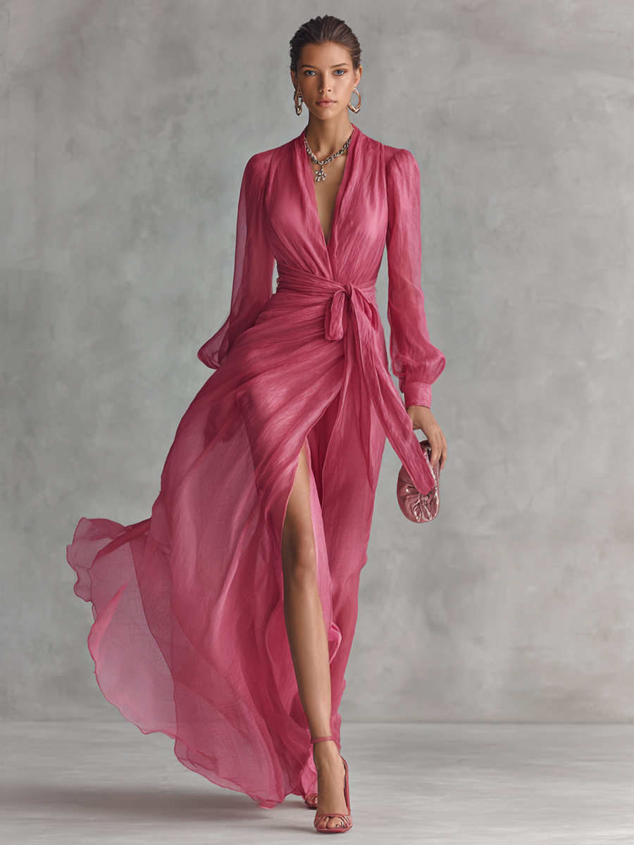 Long Dresses with V-Neck and Waist Strap - Elegant Pearl Pink for Women MDZ1925A7BA