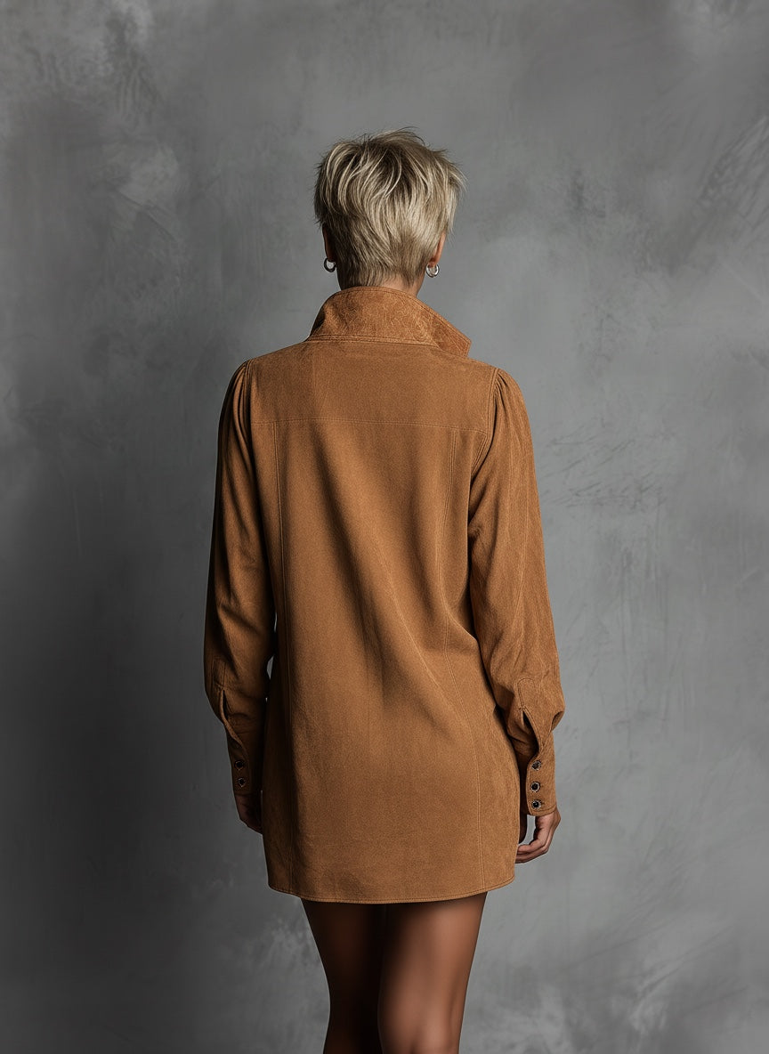 Casual Dresses for Women with V-Neck in Printed Suede Leather with Long Sleeves MDA0483K5AN