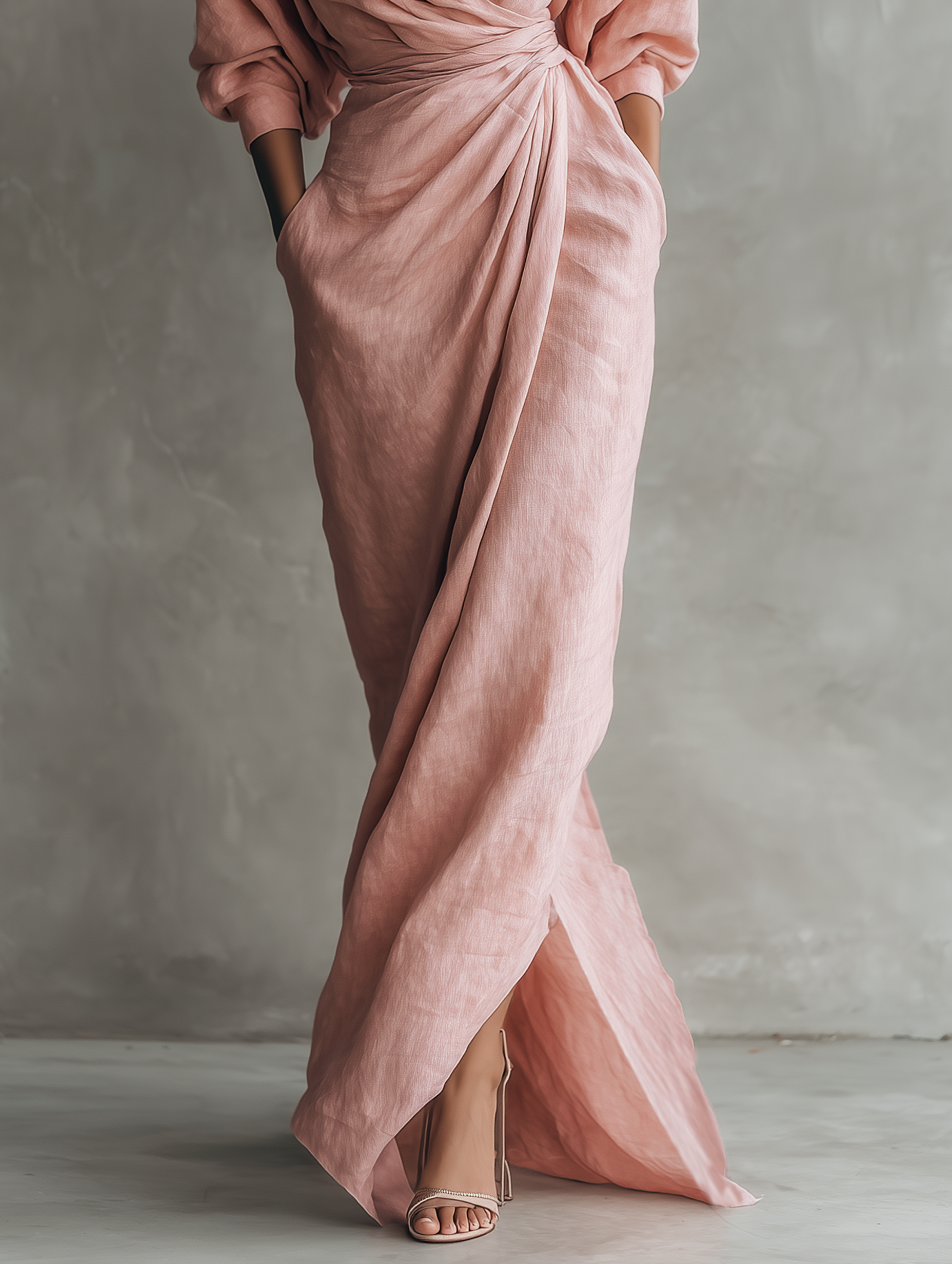 Pink Minimalist Long Dresses with V-Neck Made from Linen Blend for Women